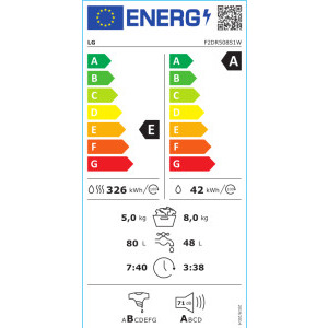 LG F2DR508S1W, Spalare 8 kg, Uscare 5 kg, 1200 RPM, Clasa A, Direct Drive, TurboWash, Alb