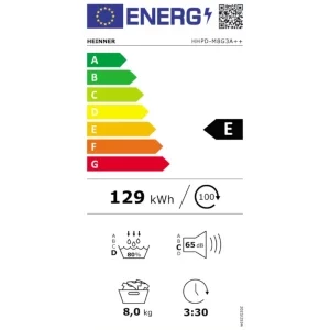 Heinner HHPD-M8G3A++, Pompa de caldura, 8 kg, Clasa E, Iluminare interioara, Alb