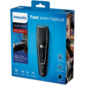 Philips Philips Seria 5000 HC5632/15, Tehnologie Trim-n-Flow Pro, Cap de tuns metalic, Lame otel inoxidabil, 90 min utilizare fara fir, 28 setari lungime, Mod Turbo, Husa de transport, Negru