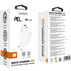 Lamtech LAM023541, 1x USB, 1x USB-C, Quick Charge 3.0, Power Delivery, 45W, White