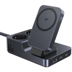 Incarcator retea Baseus Nomos Powerstrip, 2x USB-C, 1x USB, 2x Schuko, Qi2 15 W, Quick Charge 67 W, Black