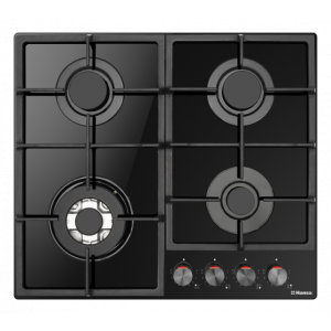 Plita incorporabila Hansa BHKS631540, Gaz, 4 arzatoare, Arzator wok, Aprindere electrica, Gratar fonta, 60 cm, Negru