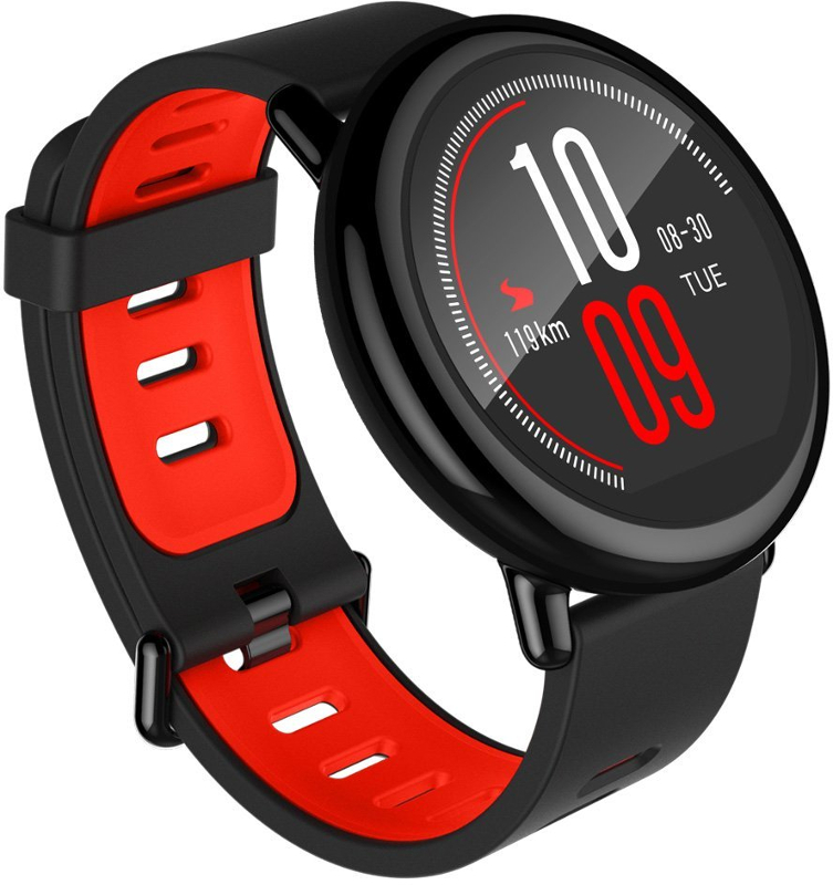 SmartWatch Amazfit Pace, negru, curea silicon negru-rosu, Bluetooth, GPS si senzor HR