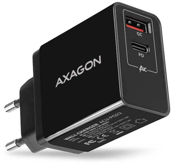 Incarcator retea AXAGON ACU-PQ22, 1x USB, 1x USB-C, 3A, 22W, tehnologia Quick Charge 3.0 si PD, Black