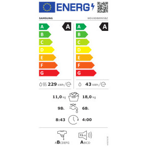 Samsung WD18DB8995BZT2, Spalare 18 kg, Uscare 11 kg, 1000 RPM, Clasa A, Digital Inverter, AI Wash & Dry, Flex Auto Dispense, AI EcoBubble, AI Energy, AI Home, SmartThings, Inox