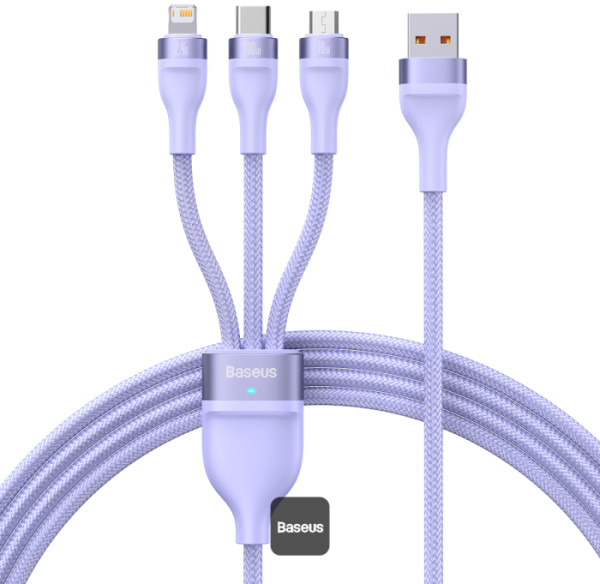 Cablu de date / adaptor Baseus Flash Series 2, USB Male la USB-C Male & MicroUSB Male & Lightning Male, 100 W, 1.2 m, Violet