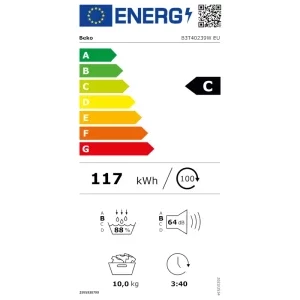 Beko B3T40239W EU, Pompa de caldura, 10 kg, Clasa C, ProSmart Inverter, EcoGentle, SteamCure, HomeWhiz, Iluminare interioara, Alb