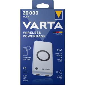 Varta Energy Wireless 20000 mAh, 1x USB-C, 2x USB, 18W, White cu tehnologie QC/PD