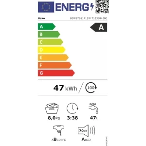 Beko B3WBT681415W, 8 kg, 1400 RPM, Clasa A, ProSmart Inverter, EnergySpin, Iron Fast, Alb