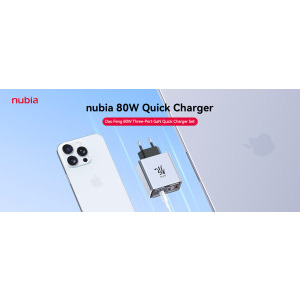 ZTE Nubia DAO 80W GaN, cablu inclus 100W, 3 porturi USB, Compatibil smartphone, laptop USB Type-C