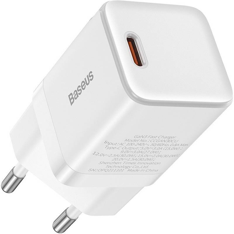 Incarcator retea Baseus GaN3, Quick Charge 30W, 1x USB-C, White