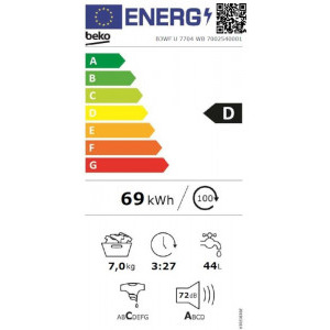 Beko B3WFU7704WB, Slim, 7 kg, 1000 RPM, Clasa D, Recycled Tub, ProSmart Inverter, AddXtra, Hygiene+ SteamCure, AutoClean Detergent Drawer, Fast+, Alb