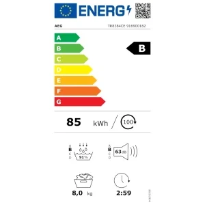 AEG TR8384CE, Pompa de caldura, 8 kg, Clasa B, Inverter, AbsoluteCare, MixDry, PreciseDry, SensiDry, My AEG Care, Iluminare interioara, Alb