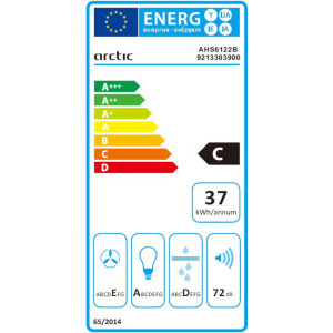 Arctic traditionala AHS6122B, Putere de absorbtie 201 m3/h, 3 trepte de viteza, Iluminare LED, 60 cm, Clasa C, Negru