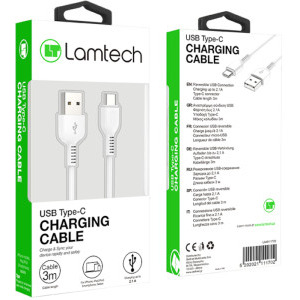 Lamtech USB Male la USB-C Male, 2.1A 3 m, White