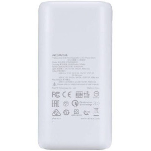 ADATA P10000QCD, 10000 mAh, 2x USB, 1x USB-C, 3A, Quick Charge 3.0, White