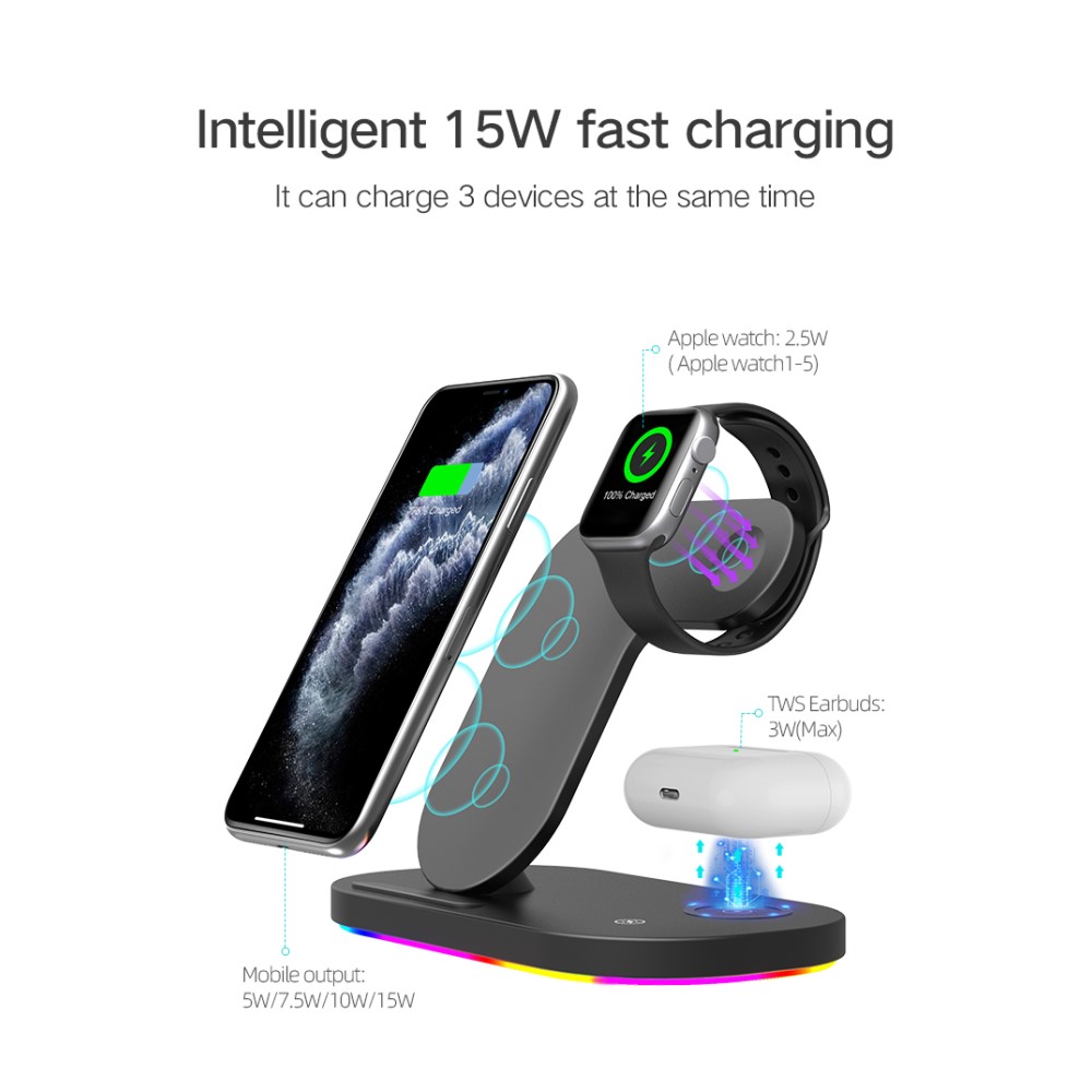 Incarcator wireless GSM 3-in-1 Wireless Qi Fast Charger 15W, Black, incarca simultan telefonul mobil, ceasul smart si castile, iluminare RGB