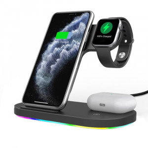 3-in-1 Wireless Qi Fast Charger 15W, Black, incarca simultan telefonul mobil, ceasul smart si castile, iluminare RGB