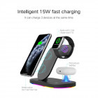 Incarcator wireless 3-in-1 Wireless Qi Fast Charger 15W, Black, incarca simultan telefonul mobil, ceasul smart si castile, iluminare RGB
