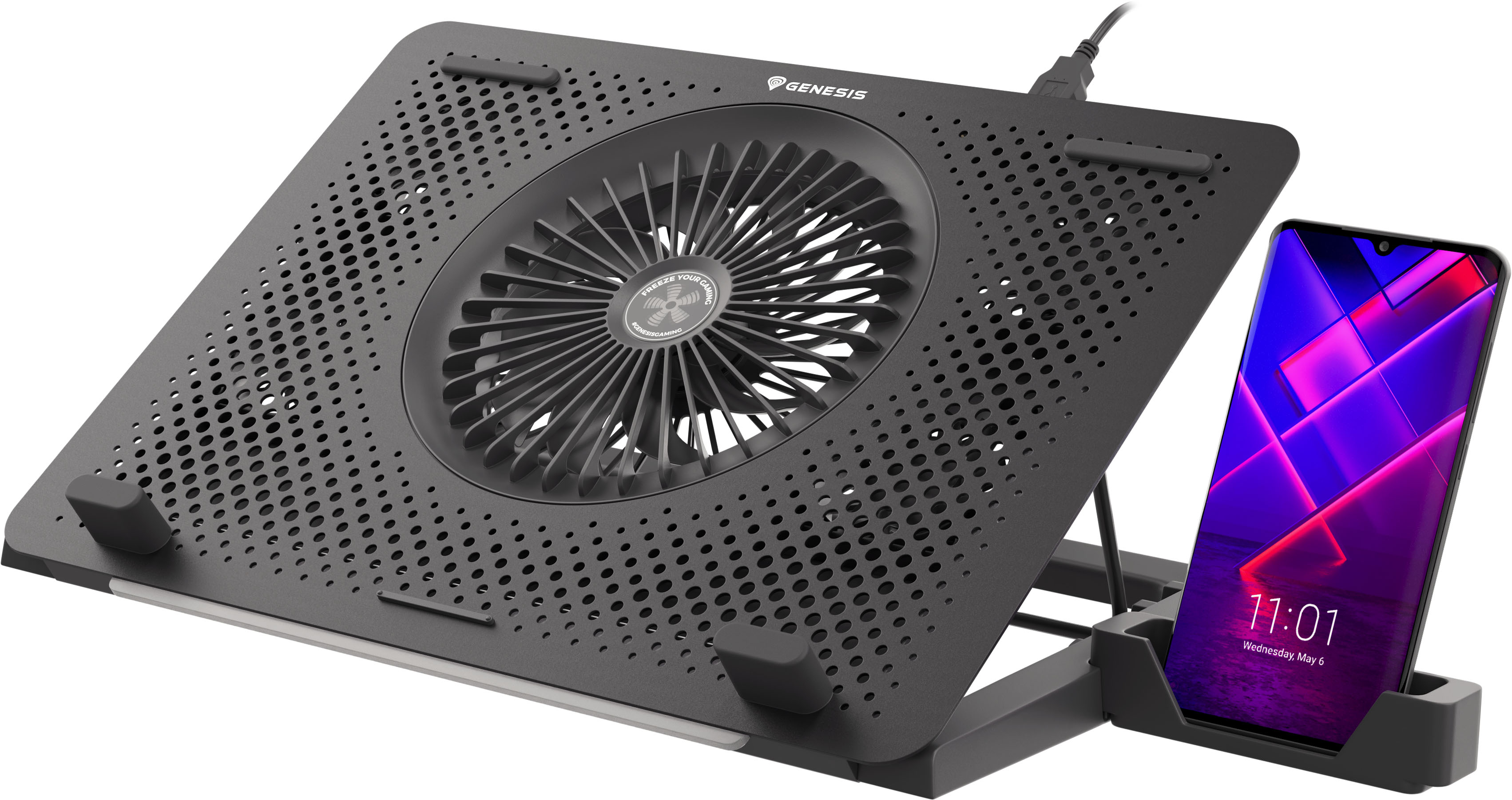 Stand/Cooler notebook Genesis Oxid 450 RGB, 5 venilatoare, suport telefon, hub USB