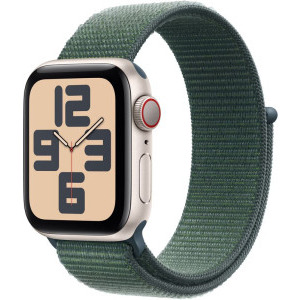 Apple Watch SE (2024), 44mm Aluminium Starlight cu Lake Green Sport Loop, GPS + Cellular