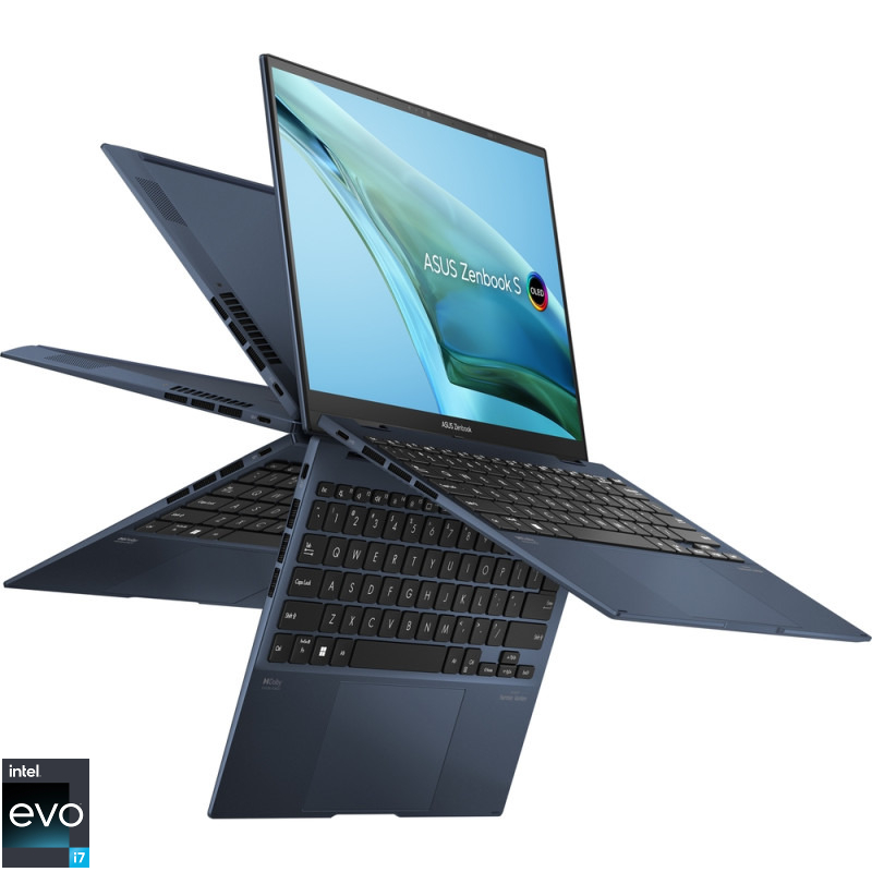 Ultrabook ASUS 13.3'' Zenbook S 13 Flip OLED UP5302ZA, 2.8K Touch, Procesor Intel® Core™ i7-1260P (18M Cache, up to 4.70 GHz), 16GB DDR5, 1TB SSD, Intel Iris Xe, Win 11 Home, Ponder Blue