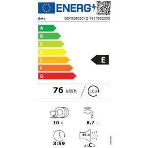 Beko BDFS26020XQ, Slim, 10 seturi, 6 programe, Clasa E, ProSmart Inverter, Hygiene Intense, Fast+, 45 cm, Inox