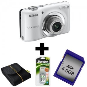Nikon COOLPIX L25 alb + card 4GB + Promo Nikon - geanta Pounch L series + incarcator Energizer cu 2 acumulatori