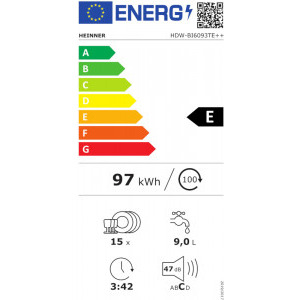 Heinner HDW-BI6093TE++, 15 seturi, 9 programe, Clasa E, Control touch, Half Load, AquaStop, 60 cm