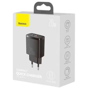 Baseus Compact CCXJ-B01, 1x USB-C, 1xUSB, Quick Charge 20W, Black