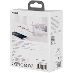 Baseus CCXJ-B02, 1x USB-C, 1x USB, Quick Charge 20W, White
