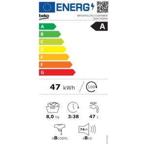 Beko BM3WFSU38215WPBBEE, Slim, 8 kg, 1200 RPM, Clasa A, Smart Inverter, EnergySpin, SteamCure, AquaWave, Alb