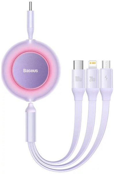 Cablu de date / adaptor Baseus Bright Mirror 2, USB-C Male la USB-C Male & MicroUSB Male & Lightning Male, 100 W, Retractabil, 1.1 m, Purple