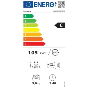 Samsung DV90DG52A0ABLE, Pompa de caldura 9 kg, Clasa C, Digital Inverter, Hygiene Care, OptimalDry, SmartThings, Iluminare interioara, Negru