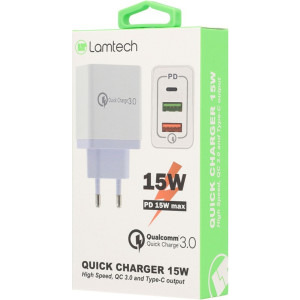 Lamtech LAM022001, 2x USB, 1x USB-C, 15W, Power Delivery, Quick Charge 3.0, White