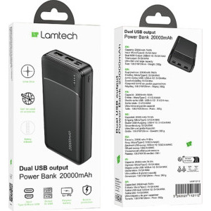 Lamtech LAM112112, 20000 mAh, 2x USB, 1x USB-C, Black