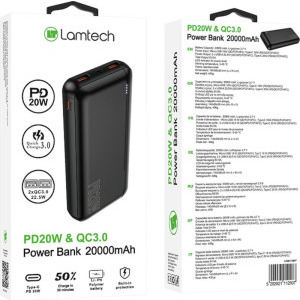 Lamtech LAM112907, 20000 mAh, 2x USB, 1x USB-C, Quick Charge 3.0 + Power Delivery 20W, Black