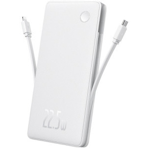 Baterie externa Baseus Airpow Lite, 10000 mAh, 1x USB, 2x USB-C, 22.5 W, Cablu USB-C & Lightning integrat, White