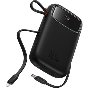 Baterie externa Baseus Qpow2, 10000 mAh, 1x USB, 2x USB-C, 22.5 W, Display, Cablu USB-C & Lightning integrat, Black