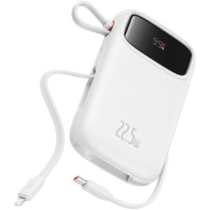 Baterie externa Baseus Qpow2, 10000 mAh, 1x USB, 2x USB-C, 22.5 W, Display, Cablu USB-C & Lightning integrat, White