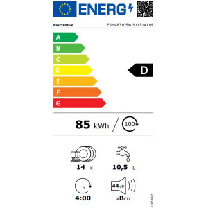 Electrolux ESM48310SW, 14 seturi, 8 programe, Clasa D, AirDry, MaxiFlex, Inverter, 60 cm, Alb
