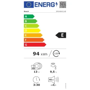 Bosch SMV46KX14E, 13 seturi, 6 programe, Clasa E, EcoSilence Drive, ExtraDry, VarioFlex, AquaStop, AquaSensor, ActiveWater, 60 cm