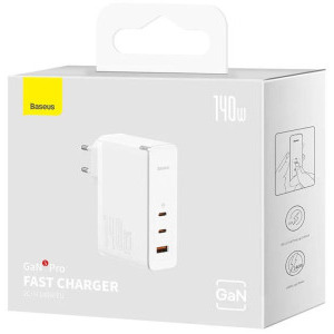 Baseus GaN5 Pro, 2x USB-C, 1x USB, Quick Charge 140W, White + cablu USB-C