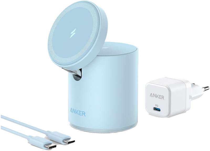 Incarcator wireless Anker PowerWave Mag-Go 2-in-1, 20W, Blue, incarca simultan telefonul mobil si ceasul smart