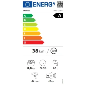 Daewoo DWD-CS8014, Slim, 8 kg, 1400 RPM, Clasa A, Inverter, Steam Wash, Storm Wash, Alb