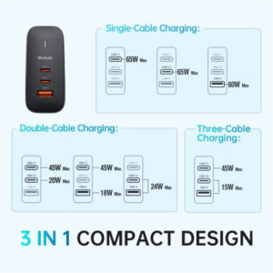 Mcdodo Mecha Series GaN, 1x USB, 2x USB-C, 65W, Black + Cablu USB-C la USB-C, 60W, 2m, Black