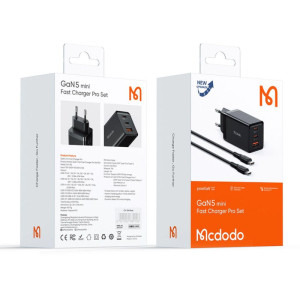 Mcdodo Mini Pro Fast Charger, 1x USB, 2x USB-C, 67W, Black + Cablu USB-C la USB-C, 2m, Black