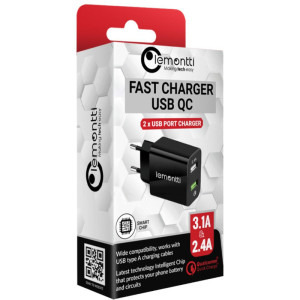 Lemontti 2x USB QC 3.0, 30W, Fast Charge + USB 2.4A Black