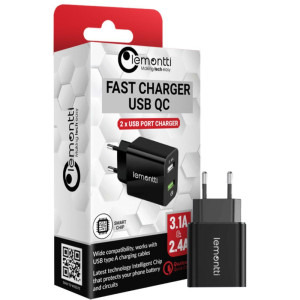 Lemontti 2x USB QC 3.0, 30W, Fast Charge + USB 2.4A Black