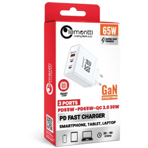 Lemontti 1x USB, 2x USB-C, Fast Charge 65W, GaN, White